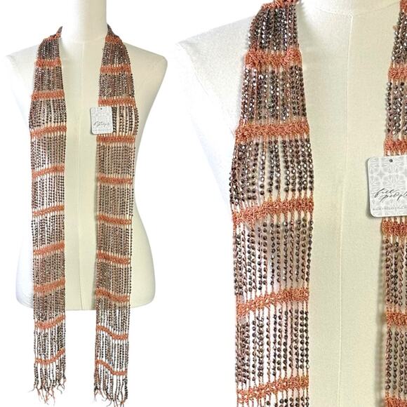Free People Bohemian Damsel Metallic Beaded Crochet Wrap Belt & Skinny Scarf NWT